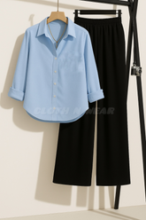 Pair of 2 (sky blue button down shirt with black flapper trouser)